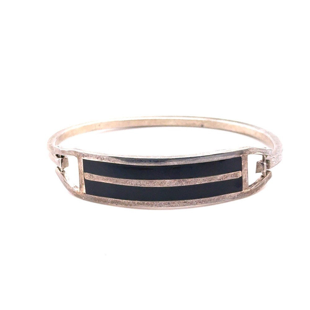 Vintage Mexico Alpaca Silver Black Onyx Inlay Hinged Bangle Bracelet